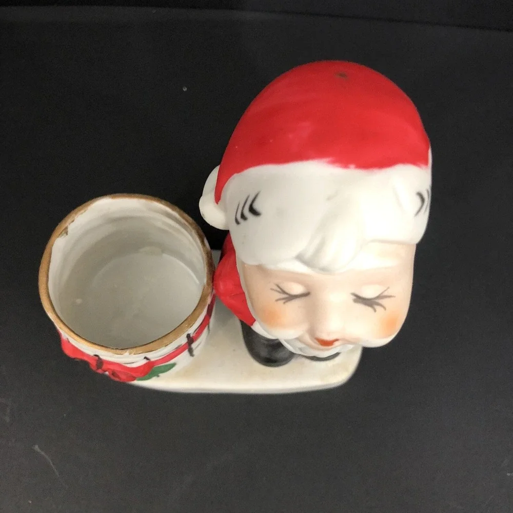 Jasco Christmas Candle Holder Bisque Porcelain Holiday Luskins Santa 1976 Vtg